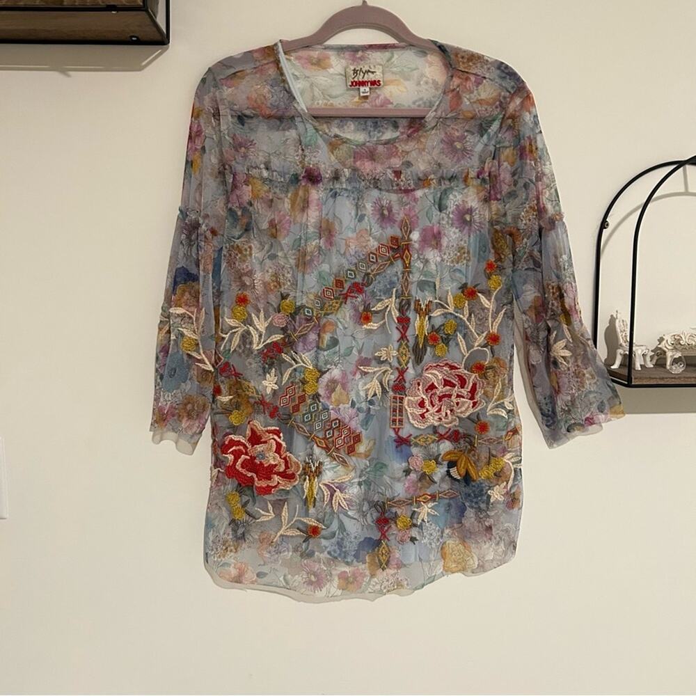 NWOT Johnny Was Biya Flora‎ Dancer Sheer Mesh Floral Embroidered Blouse Size Sml